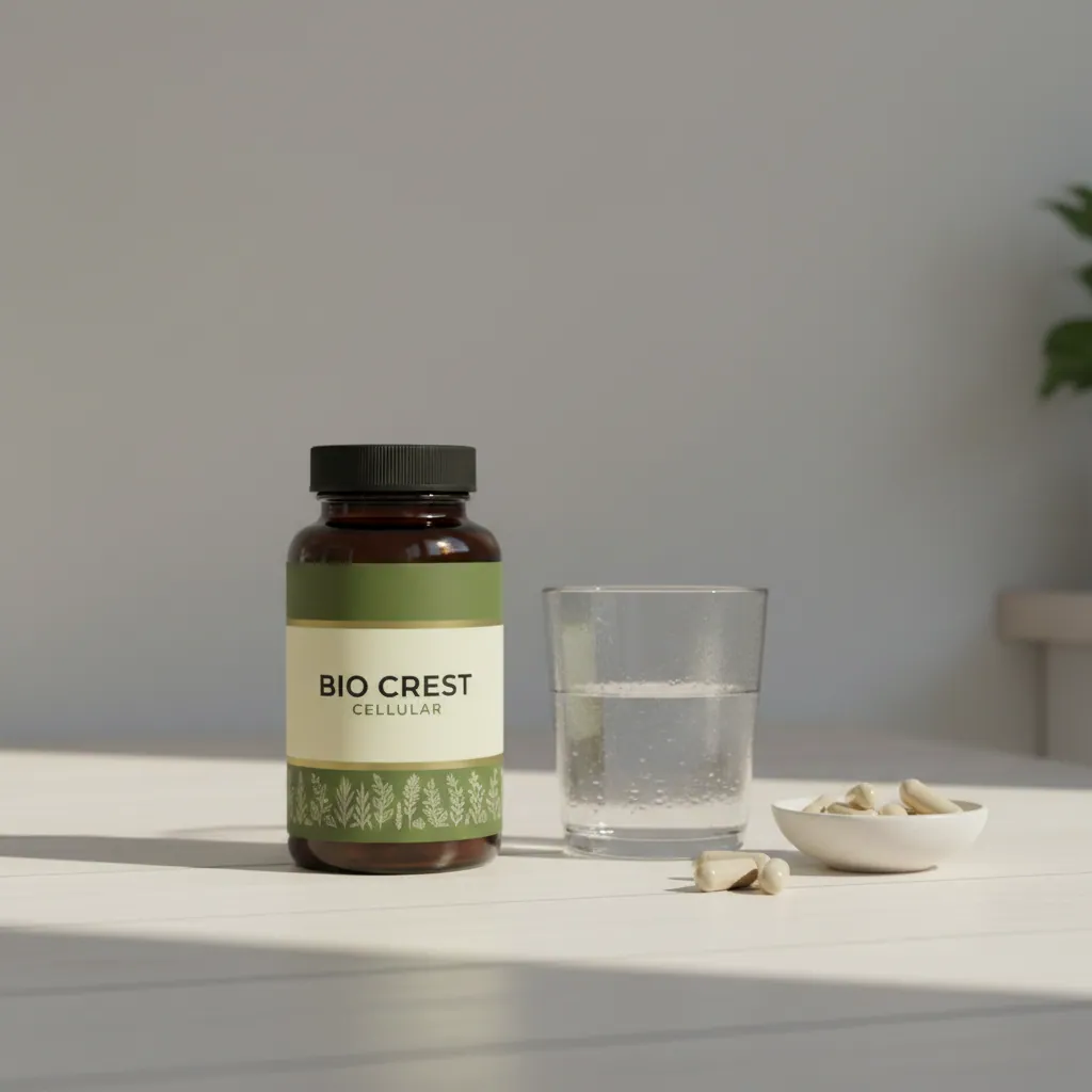 Bio Crest Cellular plastikflaske på et køkkenbord ved siden af et glas vand og en skål med mandler